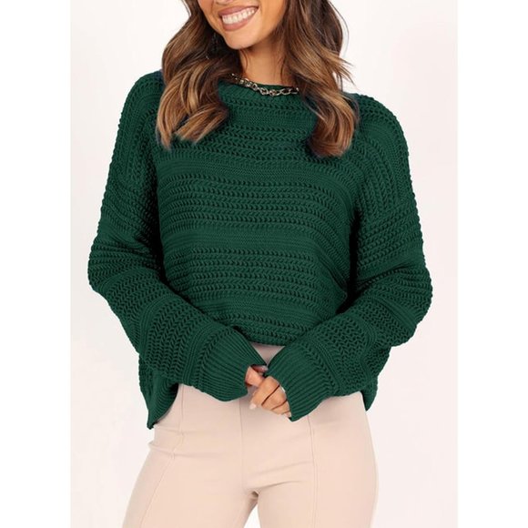 Women's Casual Loose Hollow Out Round Neck Long Sleeve Cable Knit Sweaters - Picture 2 of 4